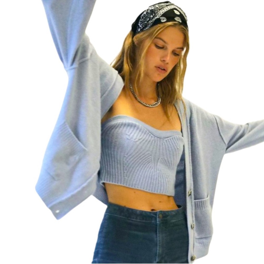 Free People Retrograde Cashmere Light Blue Cardigan and Top Size Small